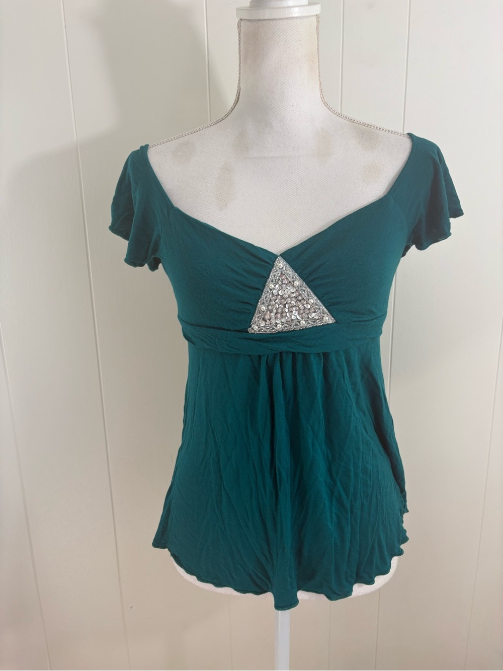 Forever 21 Teal V-Neck Sequin Triangle Empire  Top